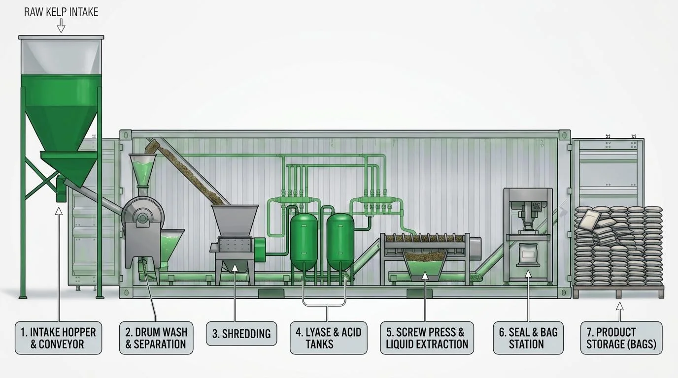 Diagram of the container processing unit: 1 intake hopper and conveyor, 2 drum wash and separation, 3 shredding, 4 lyase and acid tanks, 5 screw press and liquid extraction, 6 seal and bag station, 7 product storage